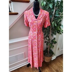 Vintage Betsy Lauren Pink Floral 100% Rayon Short Sleeve Long Maxi Dress Size 10
